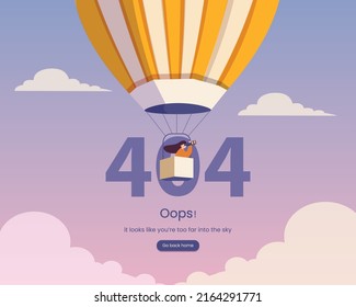 404 error, page not found with adventure girl in hot air balloon. Disconnection, connect problem, error page. Vector illustration