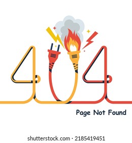 404 Error, page not found. Connection error. An electric socket and a plug in a flame. Isolated on background. Vector illustration flat design. Network support service.