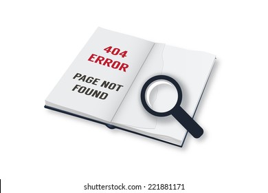 404 error, page not found, open book with missing page. Vector illustration