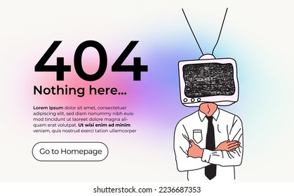 404 error page or page not found design template for your website with hand drawn office clerk with tv-set or monitor instead his head with white noise on the screen. Vector illustration