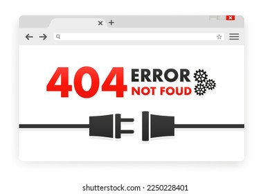 404 Fehlerseite nicht gefunden Banner. Kabel und Sockel. Kabelstecker. Systemfehler, fehlerhafte Seite. Kabel von der Steckdose getrennt. Für Website. Webvorlage. Kneippfenster. Vektorgrafik