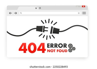 404 Fehlerseite nicht gefunden Banner. Kabel und Sockel. Kabelstecker. Systemfehler, fehlerhafte Seite. Kabel von der Steckdose getrennt. Für Website. Webvorlage. Kneippfenster. Vektorgrafik