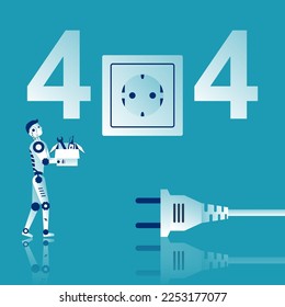404 Error, page not found. Connection error. Electrical plug off the socket. Isolated on background. The robot is repairing a broken internet network. Not internet. Vector illustration flat design. 