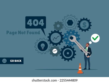 404 error, page not found. No connection, error. Website under construction. Businessman holding wrench and repairing gears. Modern vector illustration in flat style.