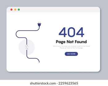 404 error page not found banner. Cable and socket. Cord plug. System error, broken page. Disconnected wires from the outlet. For website. Web Template. Popping window. Vector web.