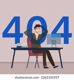 404 error page not found system updates, upset man sitting at computer, server cannot find data as requested. Uploading, operation trouble, computing, installation programs, system maintenance