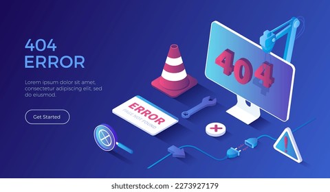 404 Error Page not found. Internet connection problem. Electric plug socket unplug disconnection. Isometric landing page. Vector web banner.	
