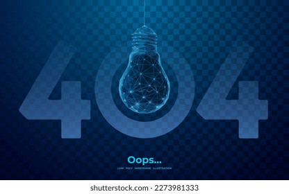 404 error page not found banner. Broken light bulb. Oops... Not found concept. Abstract digital low poly wireframe vector illustration. Website development, programming or web design element.