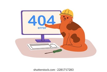 404 error, Page not Found mistake on computer, access failure concept. Cute cat, web-site connection problem, unloaded internet webpage. Flat graphic vector illustration isolated on white background svg