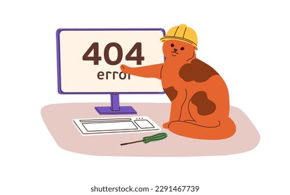 404 error, page not found, wrong website design with cute cat. Webpage failure, internet connection trouble, technical problem concept. Flat graphic vector illustration isolated on white background