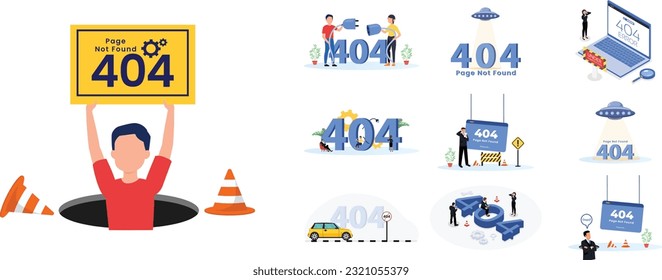 404 error page not found System updates, uploading, operation, computing, installation programs. system maintenance. Flat vector illustration modern character design. For a landing page, web page