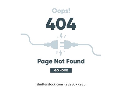 404 error and page not found banner. Cable, socket and plug. System error, broken page. Disconnected from wireless. For website. Vector illustration.