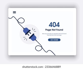 404 error page not found banner. Cable and socket. Cord plug. System error, broken page. Disconnected wires from the outlet. For website. Web Template. Popping window. Blue. Eps 10