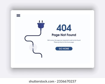 404 error page not found banner. Cable and socket. Cord plug. System error, broken page. Disconnected wires from the outlet. For website. Web Template. Popping window. Blue. Eps 10