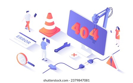 404 Error Page not found. Internet connection problem. Electric plug socket unplug disconnection. Isometry illustration with people scene for web graphic.	
