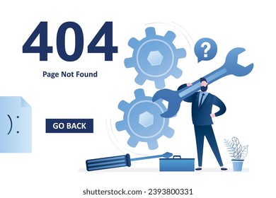 404 error, page not found landing page template. Worker man holding wrench and repairing gears. No connection, error. Website under construction. Repairing broken mechanism. Flat vector illustration