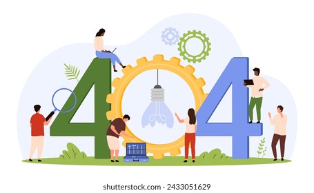 404 error, Page not Found. Tiny people of technical maintenance service work to update and repair website troubles, creative warning message of web network failure cartoon vector illustration