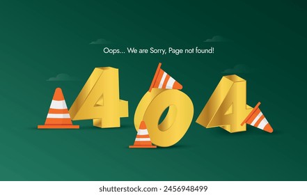 404 error. Error 404 page not found cover banner, web page template. 404 written in 3d golden colour on green background. The 404 code means that a server could not find a client-requested webpage.