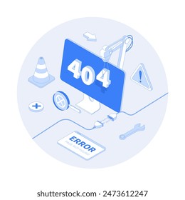 404 Error Página no encontrada. Problema de conexión a Internet. Desconexión de enchufe eléctrico. Ilustración de contorno de Vector con escena de isometría para gráfico de Web	
