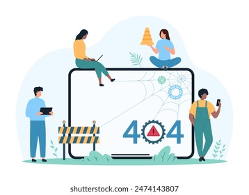 404 error, page not found. Tiny people from technical support work with warning web server message and cobwebs with gear on tablet screen, holding construction barrier cartoon vector illustration