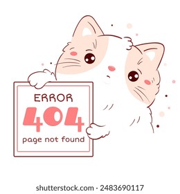 404 error Page not found. Sad kawaii cat with Error message. Cute little kitty apologize.  System maintenance, updates, uploading, operation, computing. Vector illustration EPS8 