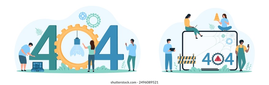 404 error, page not found set. Tiny people work with warning web server message on tablet screen, support and repair internet failure and broken light bulb inside gear cartoon vector illustration