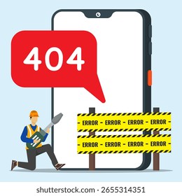 Página de erro 404 não encontrada. Técnico tentando resolver o problema no smartphone. Atualizações de sistema, erro de site e em manutenção.