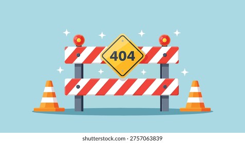 A 404 error page not found graphic with construction barriers and traffic cones, indicating a website under construction or a broken link.