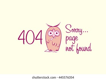 404 error, page not found with funny owl. Web page for site. Funny error 404 page vector illustration