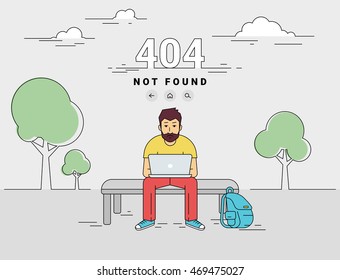 404 error page not found illustration of young man is sitting with laptop outdoors and seeing 404 error. Flat outlined illustration of upset guy working with laptop and getting problems with website