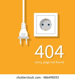 404 Error, page not found. Connection error. Electrical outlet and plug disabled, concept. Vector illustration flat design.