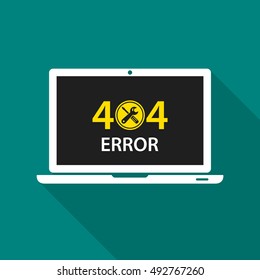 404 Error page not found on laptop screen. Internet error sign. Vector isolated illustration with shadow and blue background in flat style.