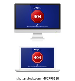404 Error page not found on blue computer screen. Internet error sign. Vector isolated illustration of realistic pc computer and laptop error.