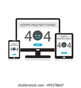 404 Error page not found on computer, tablet, mobile phone screen. Internet link error sign.