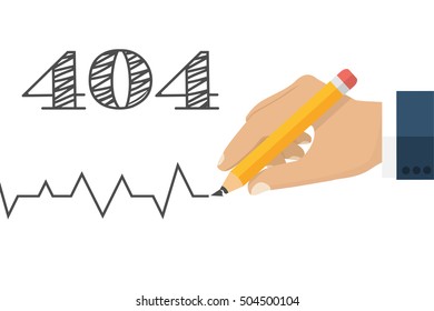 404 Error, page not found. Connection error. Broken pencil in a man's hand as a symbol of failure. Vector illustration flat design. Isolated on white background.
