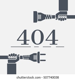 404 Error, page not found. Connection error. Electrical outlet and plug in hand man disabled, concept. Vector illustration flat design.