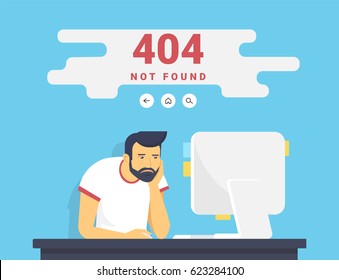 404 error page not found illustration of young upset man is sitting with pc at home and seeing 404 error on screen. Flat outlined illustration of guy working with computer and problems with website