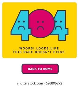 404 error page not found Template. Modern Vector Illustration of 404 number character with Text and Back to Home button.