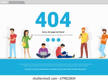 404 error page not found concept illustration of young people using mobile smarthone and laptop for web browsing. Flat design of guys and women standing into 404 error browser webpage frame