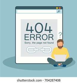 404 error page not found concept illustration of man using laptop having problem with website. Flat design of guy sitting near big symbol 404 on web page and working on laptop