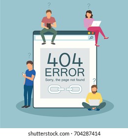 404 error page not found concept illustration of people using laptops having problems with website. Flat design of guys and women sitting near big symbol 404 on blue background and working on laptops.