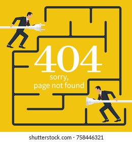 404 Error, page not found. Connection error. Two businessmen with fork and rosette running along labyrinth. Electrical outlet and plug in hand man disabled, concept. Isolated on background.