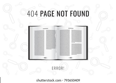 404 Error Page Not Found Browsing Fail Comic Creative Concept Web Template - Torn Page Book On White Repeating Magnifying Glass Icon Wallpaper Background - Vector Mixed Graphic Design