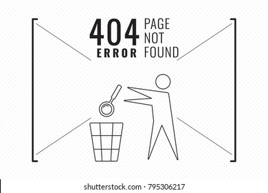 404 Error Page Not Found Infographic Outline Style Comic Creative Concept Web Template - Man Throwing Magnifying Glass into Trash on White Dots Wallpaper Background - Vector Flat Graphic Design