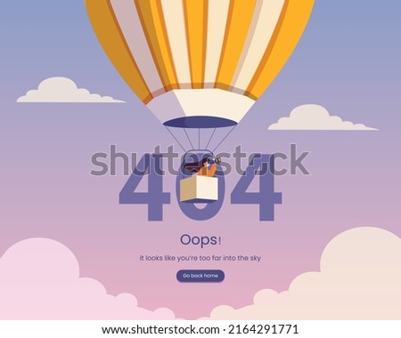 404 error, page not found with adventure girl in hot air balloon. Disconnection, connect problem, error page. Vector illustration
