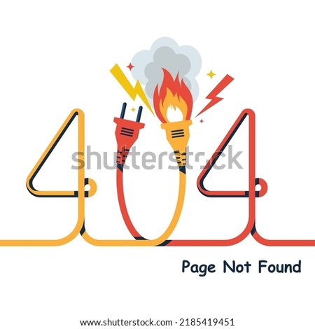 404 Error, page not found. Connection error. An electric socket and a plug in a flame. Isolated on background. Vector illustration flat design. Network support service.