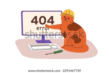 404 error, page not found, wrong website design with cute cat. Webpage failure, internet connection trouble, technical problem concept. Flat graphic vector illustration isolated on white background Foto stock © 