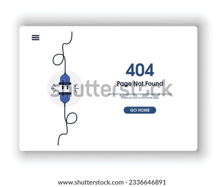 404 error page not found banner. Cable and socket. Cord plug. System error, broken page. Disconnected wires from the outlet. For website. Web Template. Popping window. Blue. Eps 10