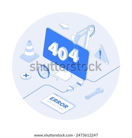 404 Error Page not found. Internet connection problem. Electric plug socket unplug disconnection. Vector outline illustration with isometry scene for web graphic	
