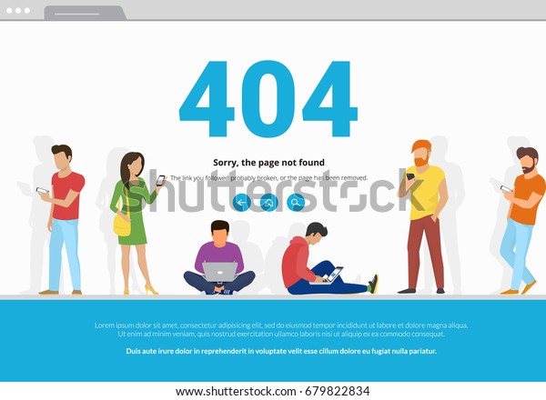 404エラーページで ウェブ閲覧にモバイルスマートフォンとノートパソコンを使用する若者のコンセプトイラストが見つかりません 404エラーブラウザのウェブページフレームに立ち並ぶ男女のフラットデザイン のベクター画像素材 ロイヤリティフリー 679822834